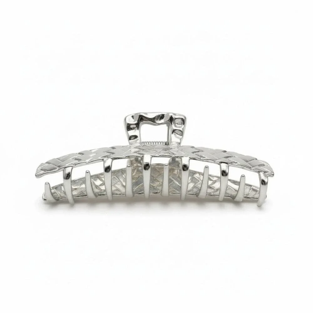 Silver Woven Texture Hair Claw Clip Metallic Basketweave Large Hair Accessory
